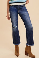 Distressed Raw Hem Straight Leg Cropped Jeans