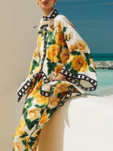 Camisa holgada con solapa y estampado de rosas exquisitas