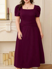 Plus Size Square Neck Puff Sleeve Midi Dress