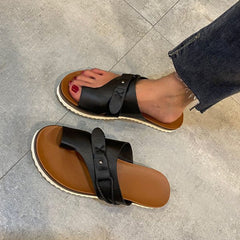 Toe Loop PU Leather Flat Sandals