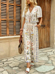 Printed Tie Front Short Sleeve Top and Pants Set