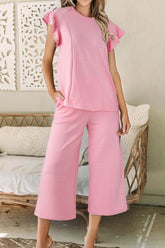 Elegant Pearl Detail Ruffle Sleeve Top & Wide-Leg Pants Set