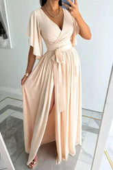 Elegant Wrap Maxi Dress with Flutter Sleeves & Waist Tie