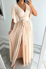 Elegant Wrap Maxi Dress with Flutter Sleeves & Waist Tie