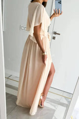 Elegant Wrap Maxi Dress with Flutter Sleeves & Waist Tie