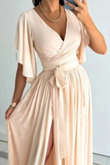 Elegant Wrap Maxi Dress with Flutter Sleeves & Waist Tie