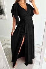 Elegant Wrap Maxi Dress with Flutter Sleeves & Waist Tie