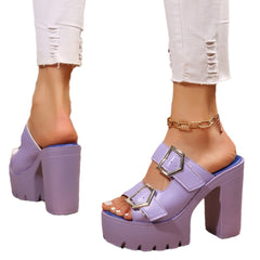Open Toe Double Buckle Platform Block Heel Sandals