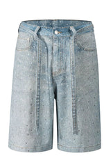 Men's Washed Rhinestone Denim Bermuda Shorts