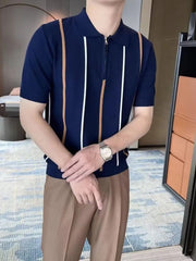 Men's Full Size Striped Zip Collar Short Sleeve Knit Polo Shirt Plus Size