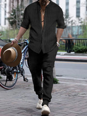 Men's Full Size Striped Button Up Top and Pants Set Plus Size