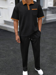 Men's Full Size Waffle-Knit Contrast Polo and Pants Set Plus Size