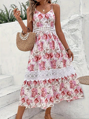 Flirty Floral Lace Cami Dress with V Neck and Spaghetti Straps