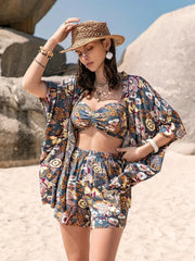 Floral Printed Bra, Cover-Up and Shorts Set