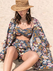 Floral Printed Bra, Cover-Up and Shorts Set