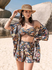 Floral Printed Bra, Cover-Up and Shorts Set