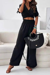 Frilled V-Neck Short Sleeve Top and Pants Set