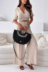 Frilled V-Neck Short Sleeve Top and Pants Set