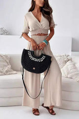 Frilled V-Neck Short Sleeve Top and Pants Set