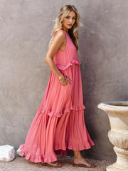 Fun Ruffled Sleeveless Tiered Maxi Dress with Pockets