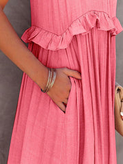 Fun Ruffled Sleeveless Tiered Maxi Dress with Pockets