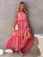 Fun Ruffled Sleeveless Tiered Maxi Dress with Pockets
