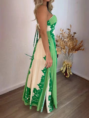 Halter Neck Leaf Print Maxi Dress