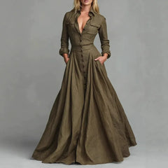 Solid-Color Button-Down Shirt Collar Dress