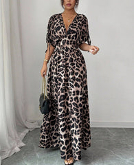 Long Sleeve V Neck Leopard Swing Maxi Dress