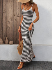 Striped Strapless Fishtail Maxi Dress