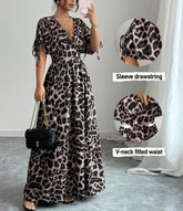Langärmliges Swing-Maxikleid mit V-Ausschnitt und Leopardenmuster