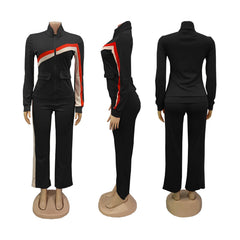Two Piece Zipper Color Block Pant Suits