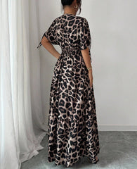 Long Sleeve V Neck Leopard Swing Maxi Dress