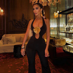 V-Neck Hanging Neck Three-Dimensional Flower Jumpsuit