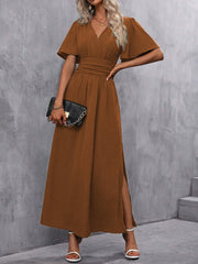 Short Sleeves Ruched High Waist Maxi Dresses