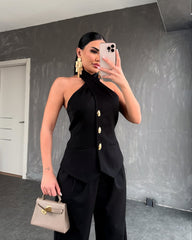 Casual Halter-Neck Sleeveless Vest Set