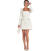 Elegantes, stilvolles, ärmelloses Tweed-Minikleid mit sexy Slim Fit und Perlenverzierung