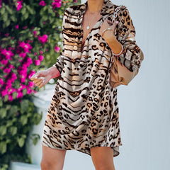 Long Sleeve Pockets Print Shirt Midi Dresses