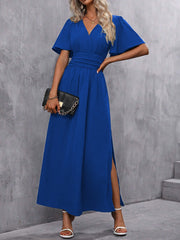 Short Sleeves Ruched High Waist Maxi Dresses