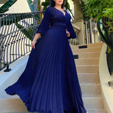 V-Neck Pleated Long Dress With Wide Skirt