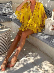 Einzigartiges Kaftan-Minikleid mit Batikmuster, Fledermausärmeln und elastischer Taille