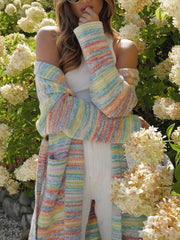 Exquisito cárdigan largo de rayas coloridas con bolsillos de patchwork