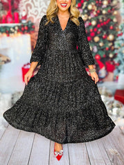 Sequin Christmas Elegant Long Sleeve V-Neck Midi Dress