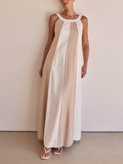 Elegantes, zweifarbiges Maxikleid in A-Linie mit verstellbaren Trägern und weitem Schnitt