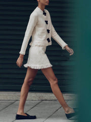 Bow-Decorated Long-Sleeved Knitted Jacket And Skirt Set