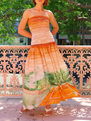 Elegantes, fließendes, plissiertes Maxikleid mit Wickelärmeln und Print in A-Linie