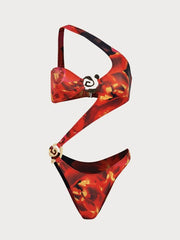 Traje de baño de una pieza estampado con botones metálicos sexys