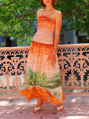 Elegantes, fließendes, plissiertes Maxikleid mit Wickelärmeln und Print in A-Linie