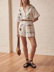 Exquisite Floral Print Shirt And Shorts Two-piece Set