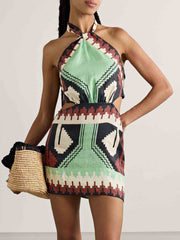 Einzigartiges rückenfreies Minikleid mit Vintage-Ethno-Print